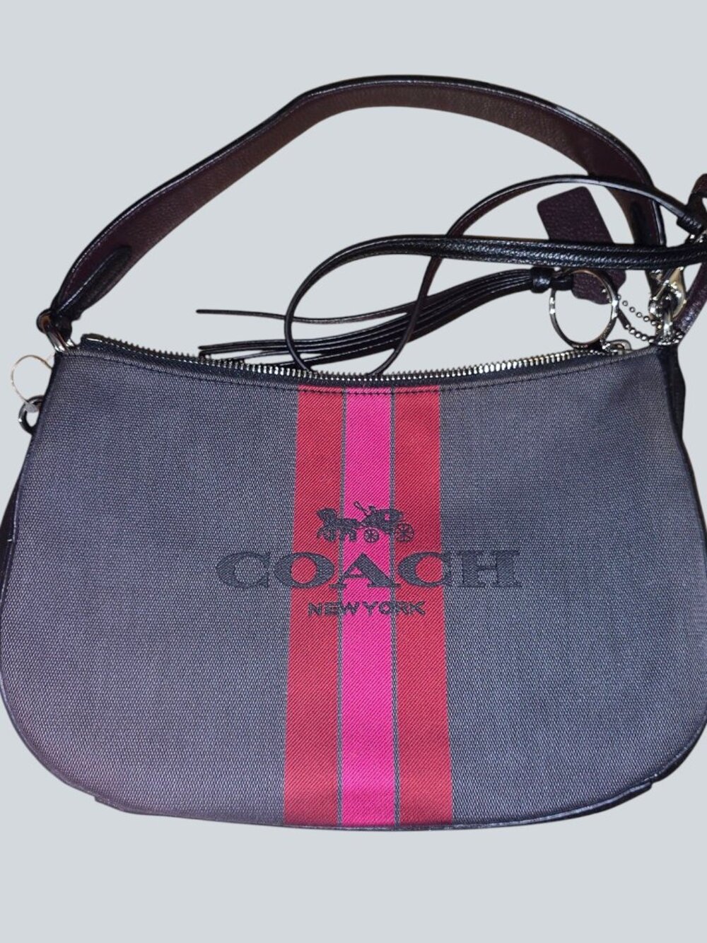COACH Horse and Carriage Jacquard Sutton Crossbody Bag Gray Pink Red Stripe